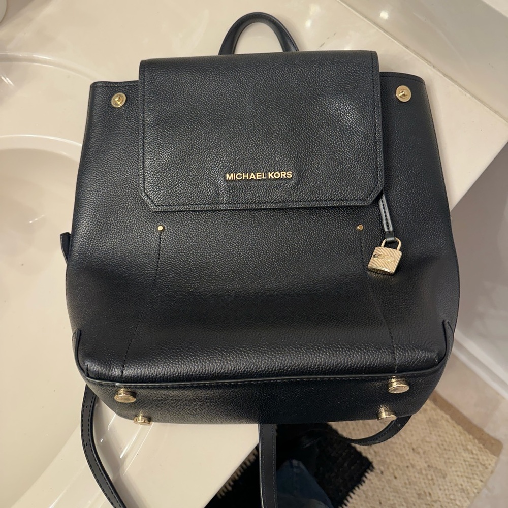 Michael Kors Black Pebbled Leather Backpack with Gold Hardware